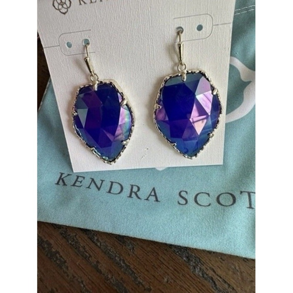 Kendra Scott Corley Gold Earrings Cobalt Blue Iridescent Faceted Dangle